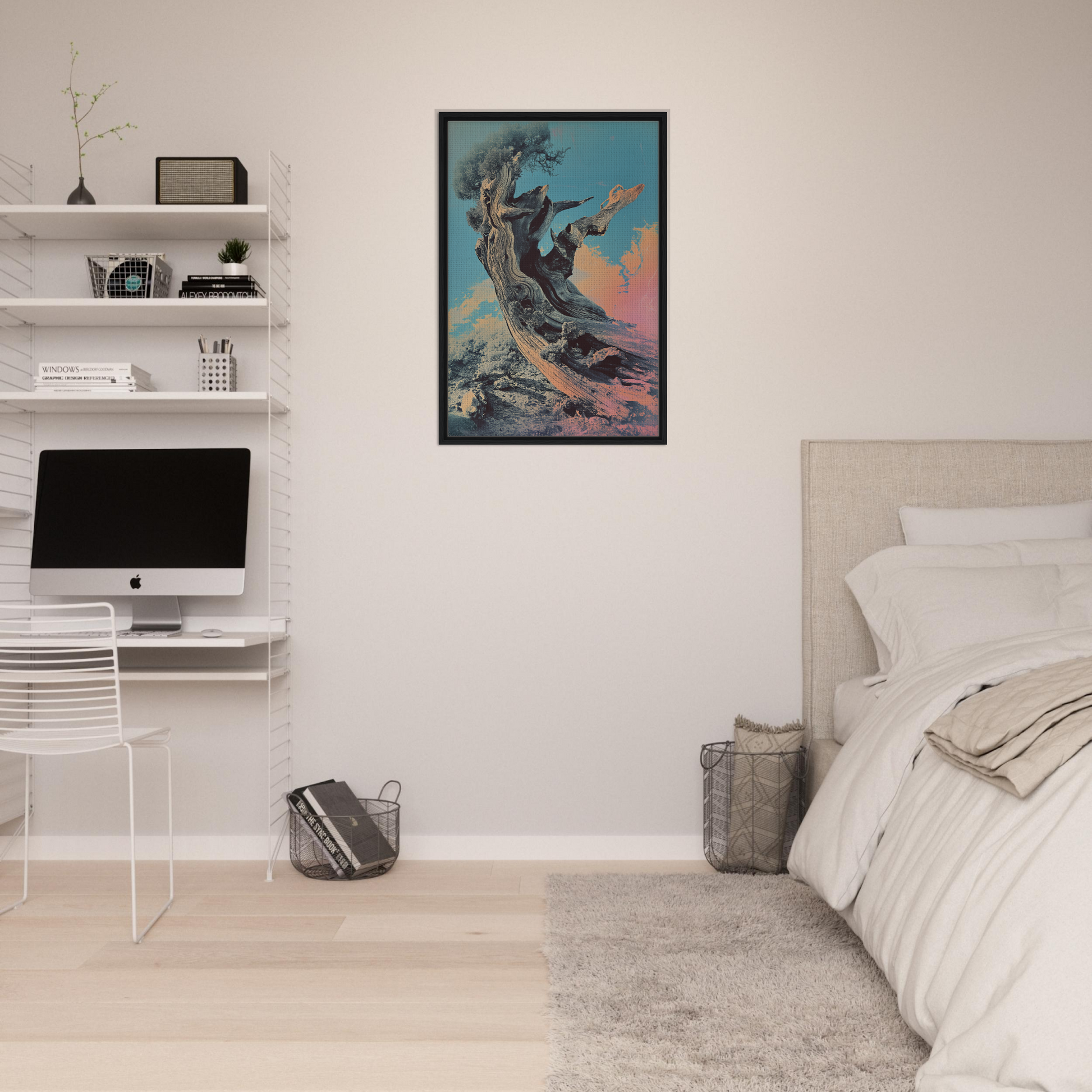 Framed canvas print of Twilight’s Twisted Ode featuring a surreal figure on a wave