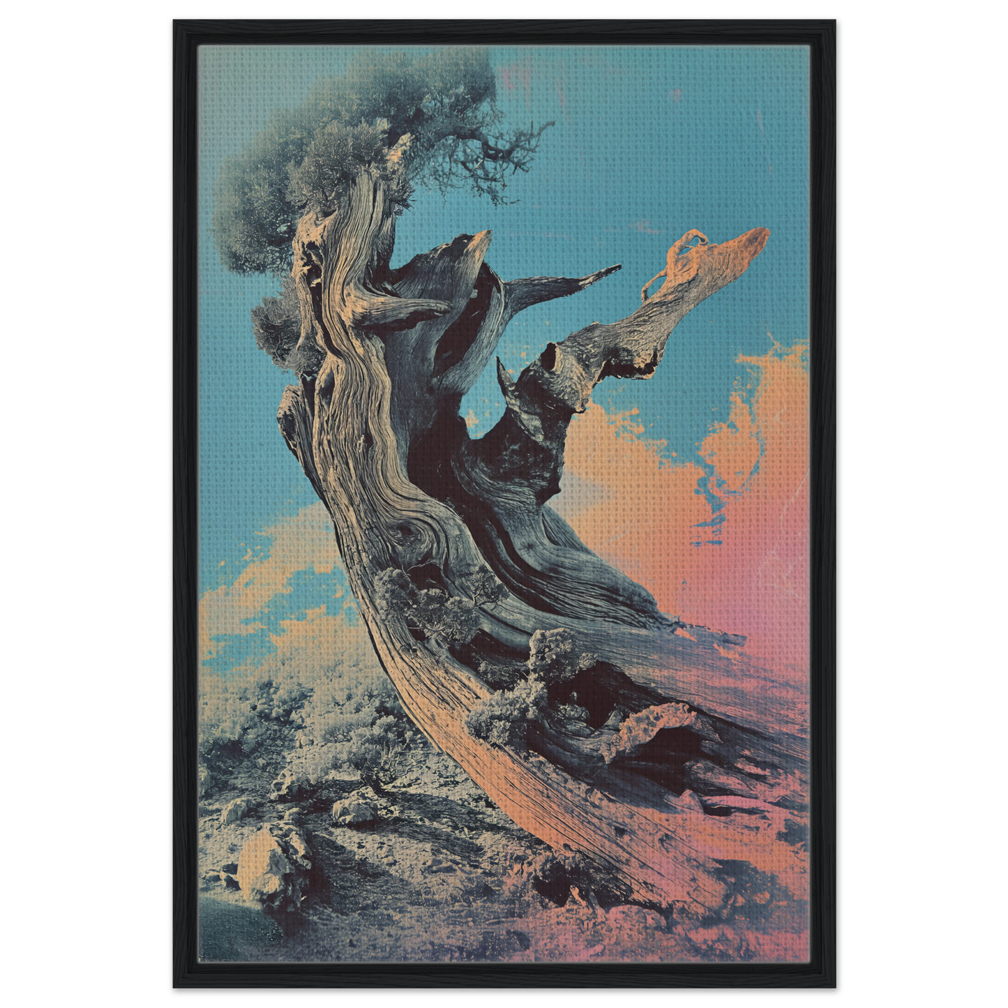 Gnarled tree trunk and branches against a colorful sky in Twilight’s Twisted Ode room decor