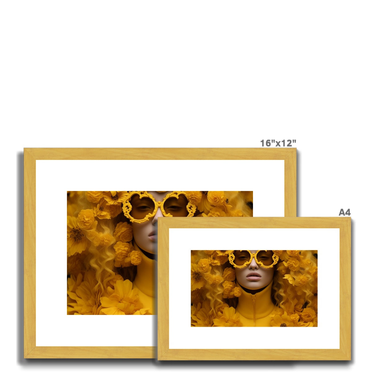 Two frames with a woman in a yellow dress and sunglasses