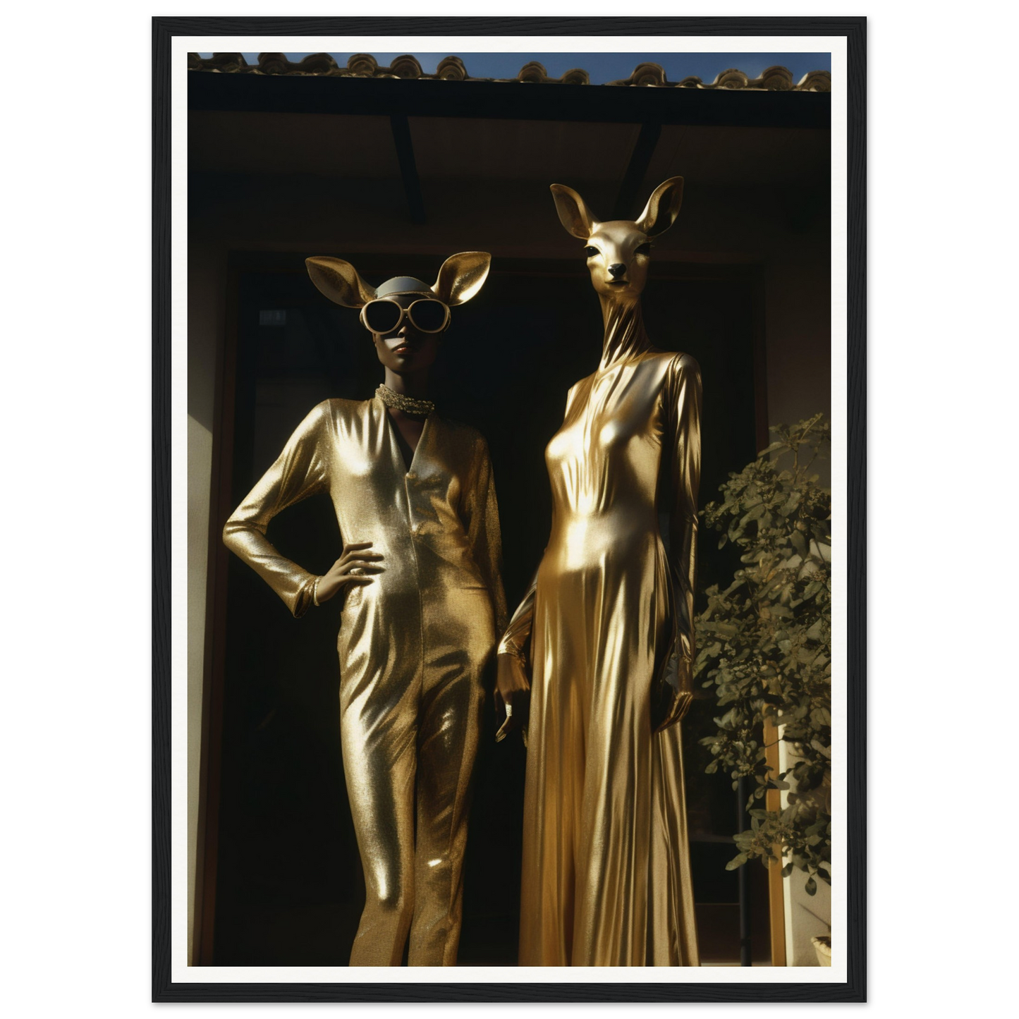 Two gold statues in front of a building