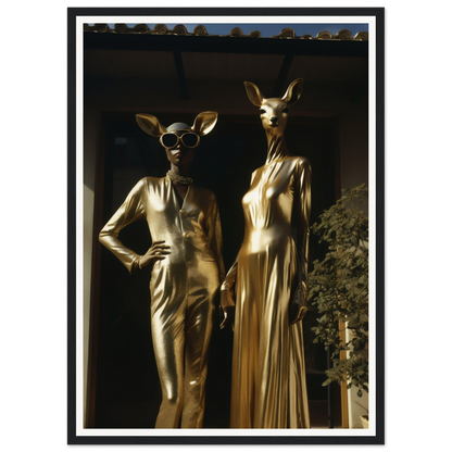 Two gold statues in front of a building