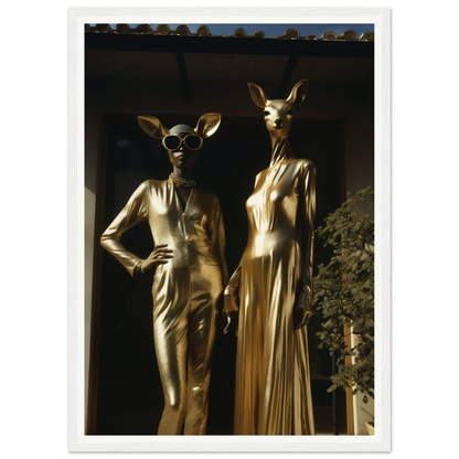 Two gold statues in front of a house