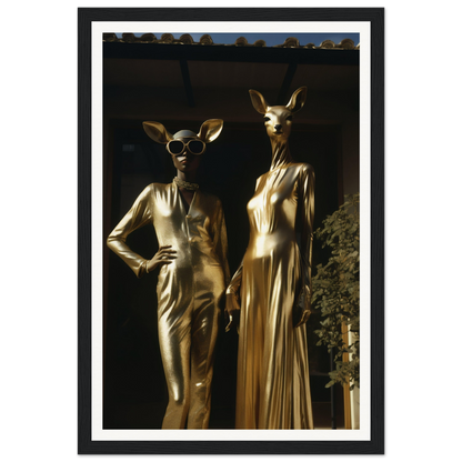 Two gold statues in a window