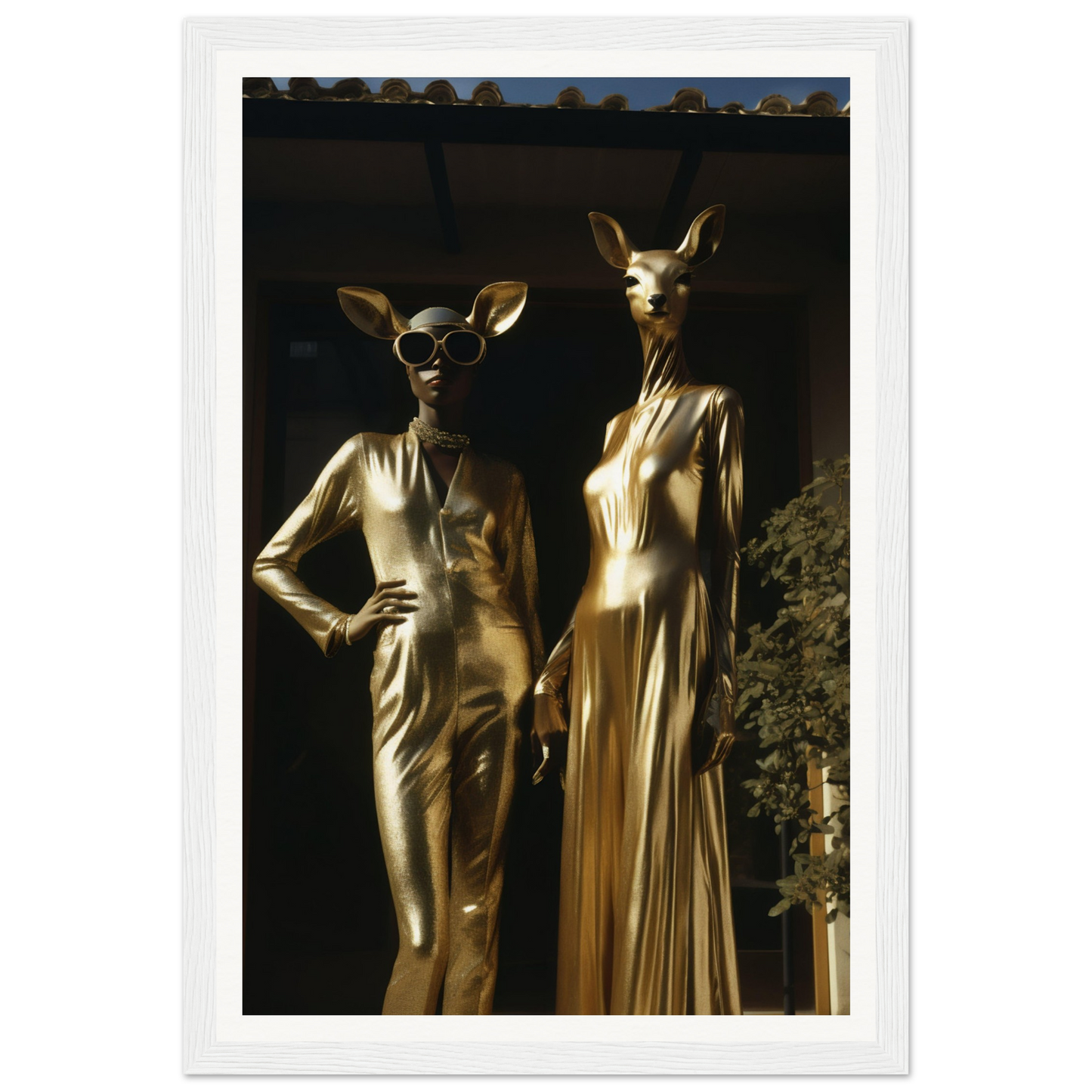 Two gold statues in a window