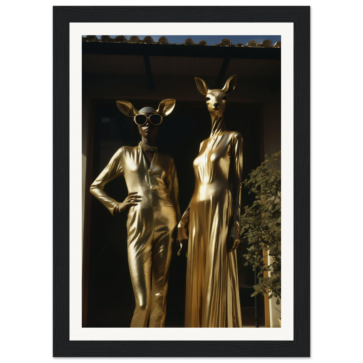 Two gold statues in a window