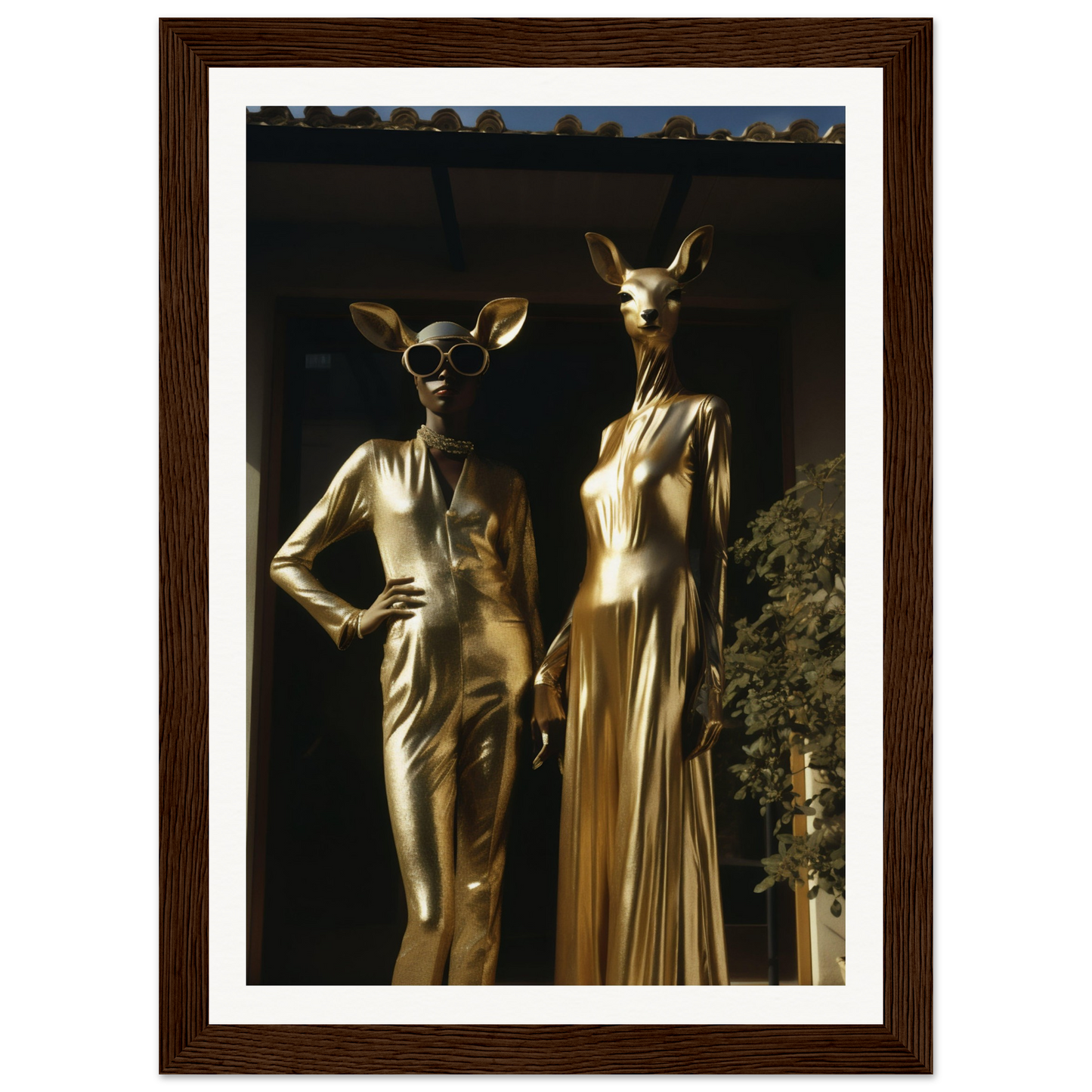 Two gold statues in a window