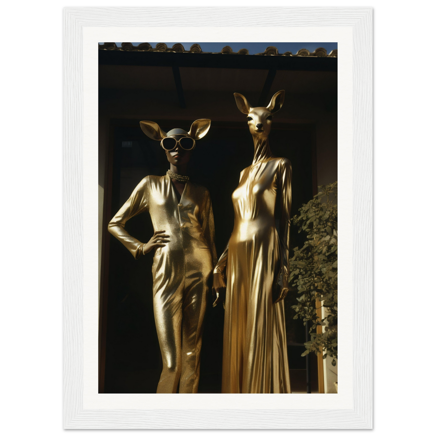 Two gold statues in a window