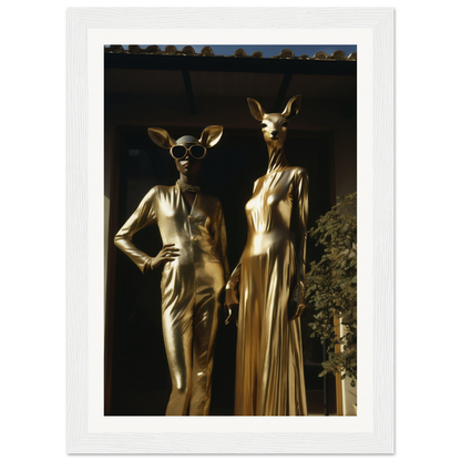 Two gold statues in a window