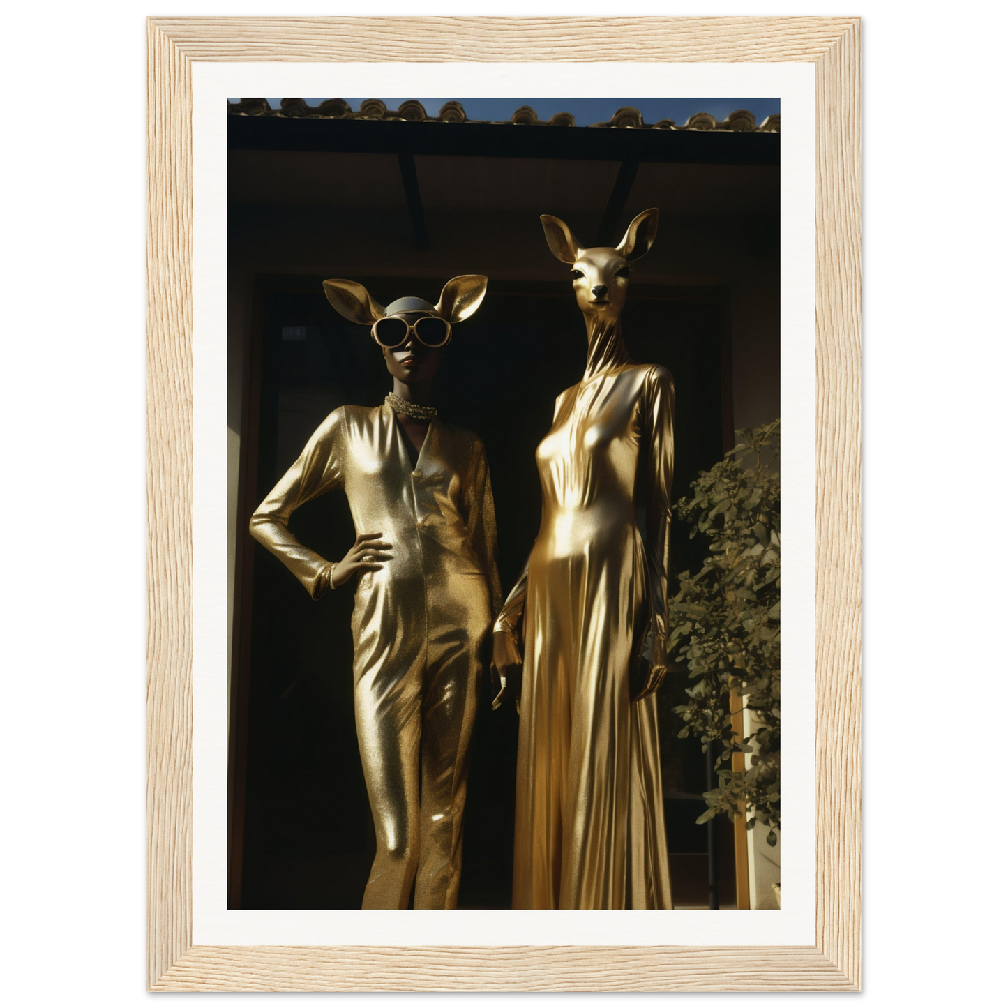 Two gold statues in a wooden frame