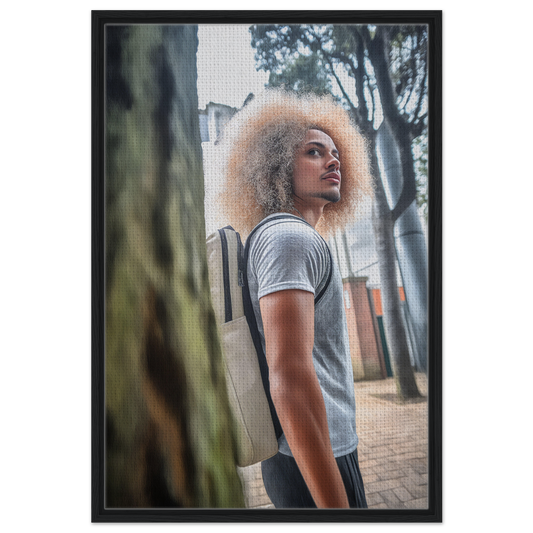 Person with voluminous curly blonde hair in gray t-shirt for Urban Adventurous Gaze framed canvas print