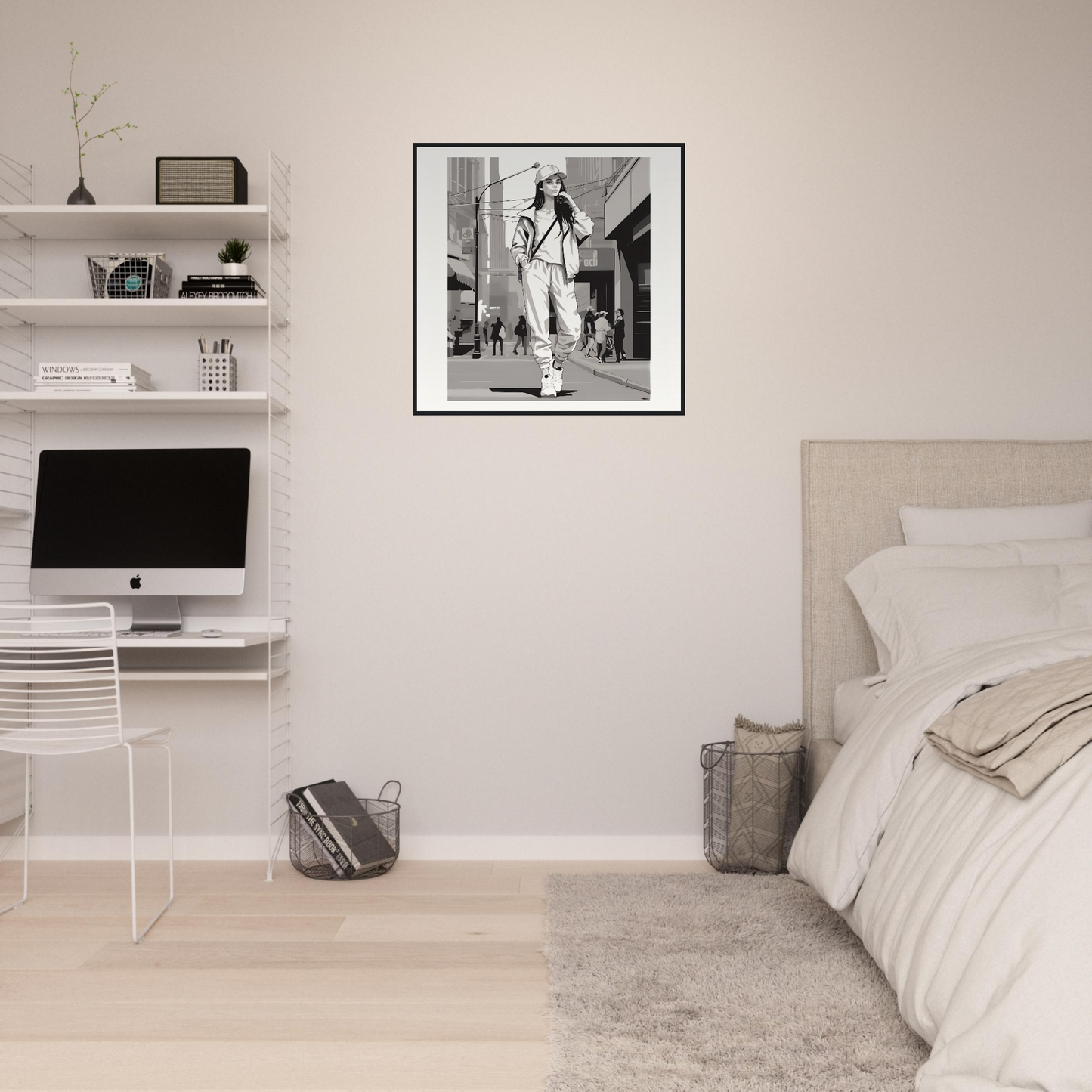 Minimalist bedroom featuring Urban Dreamwalk Vogue with white shelves and an iMac