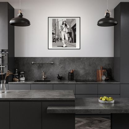 Modern dark gray kitchen with industrial lights and Urban Dreamwalk Vogue special edition art™