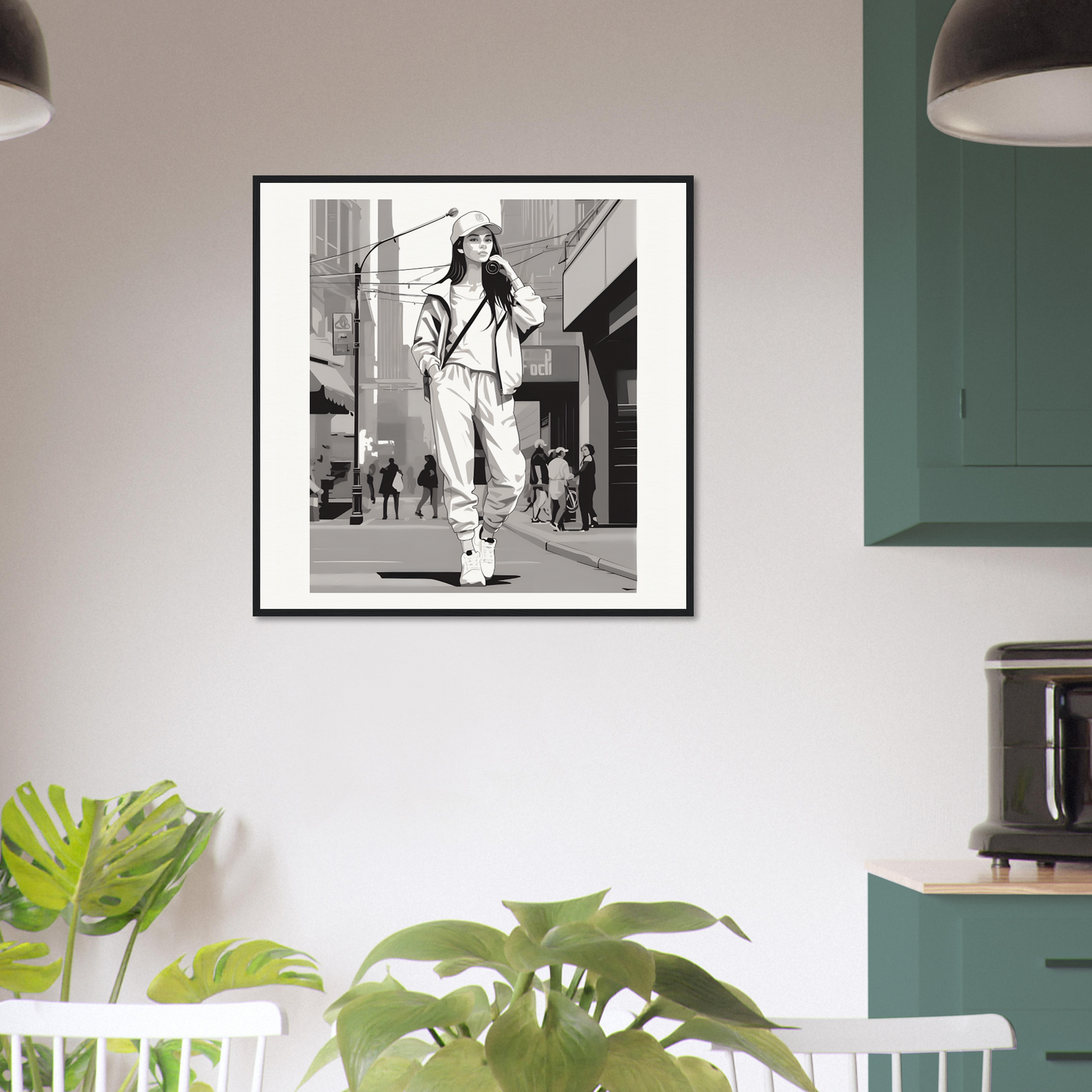 Framed black and white photo of a casual walker in Urban Dreamwalk Vogue style