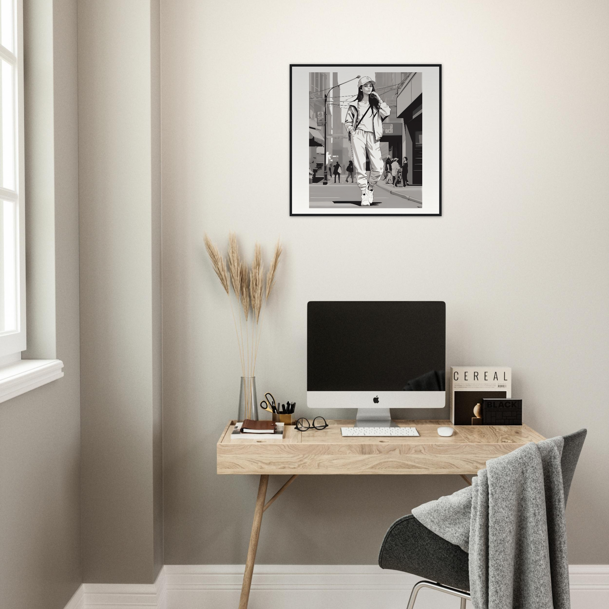 Minimalist wooden desk with iMac and accessories from Urban Dreamwalk Vogue collection