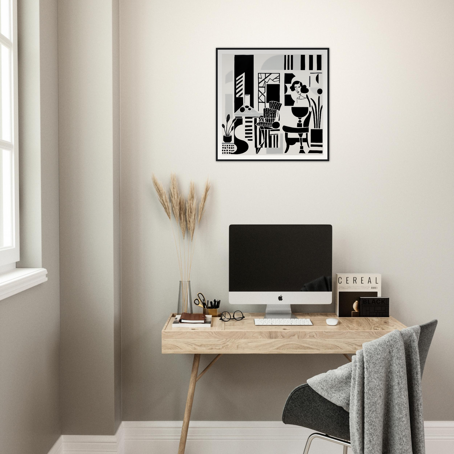 Minimalist home office with Urban Simba Masquerade art and a pine wood desk setup