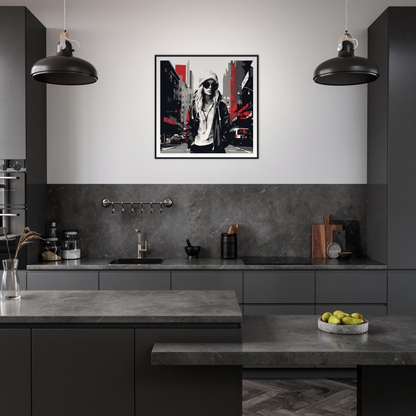 Modern dark gray kitchen showcasing Urban Spirit Redux with industrial lights and art