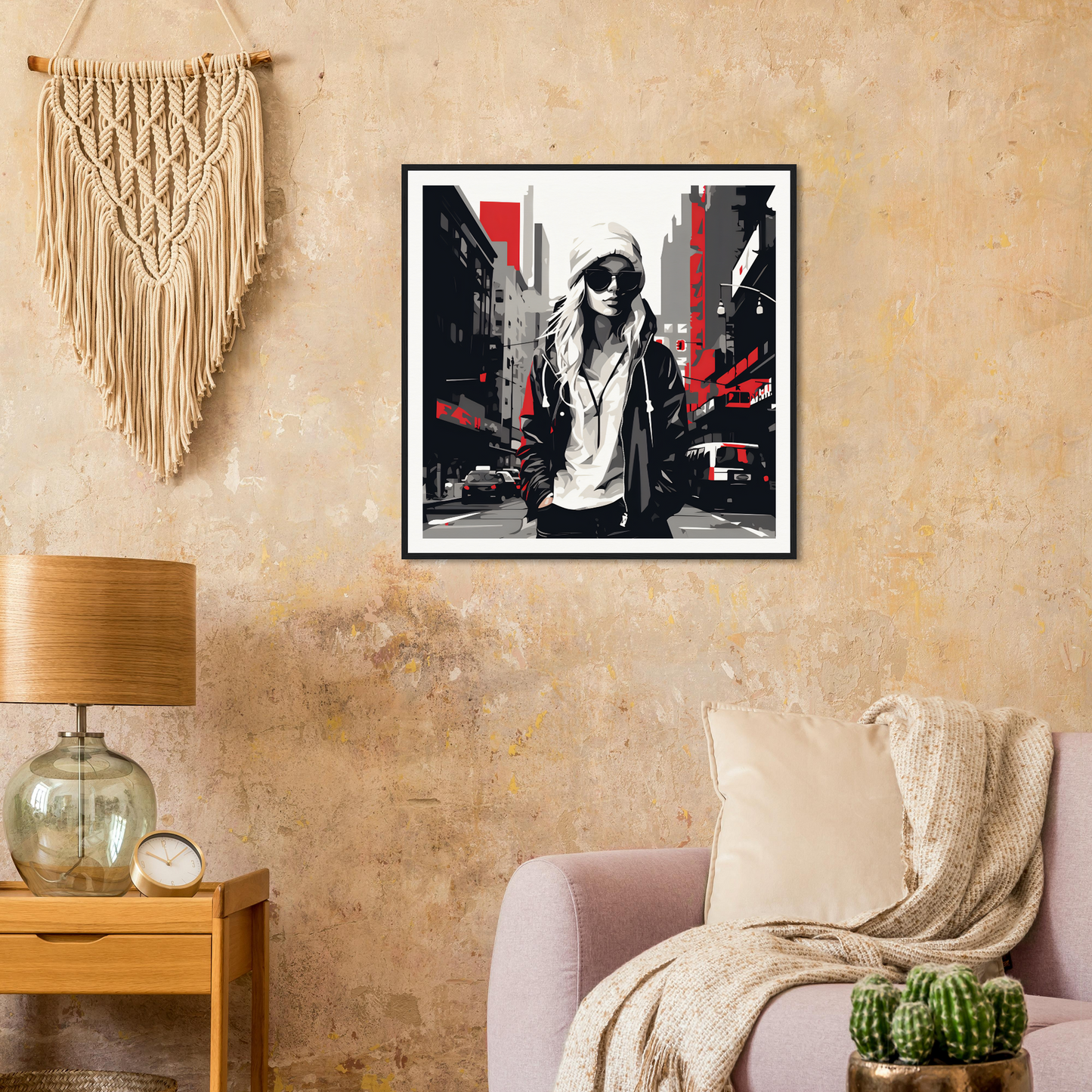 Black and white urban spirit redux print with red accents in a stylish frame