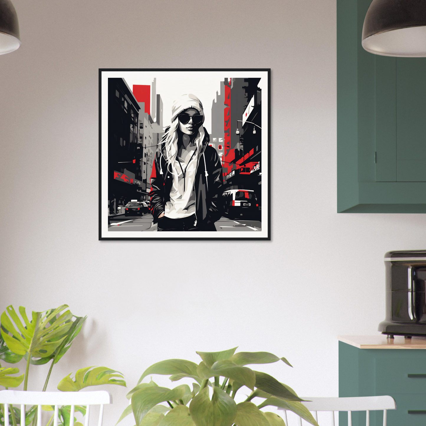 Framed black and white art with red accents from Urban Spirit Redux for a bold vibe