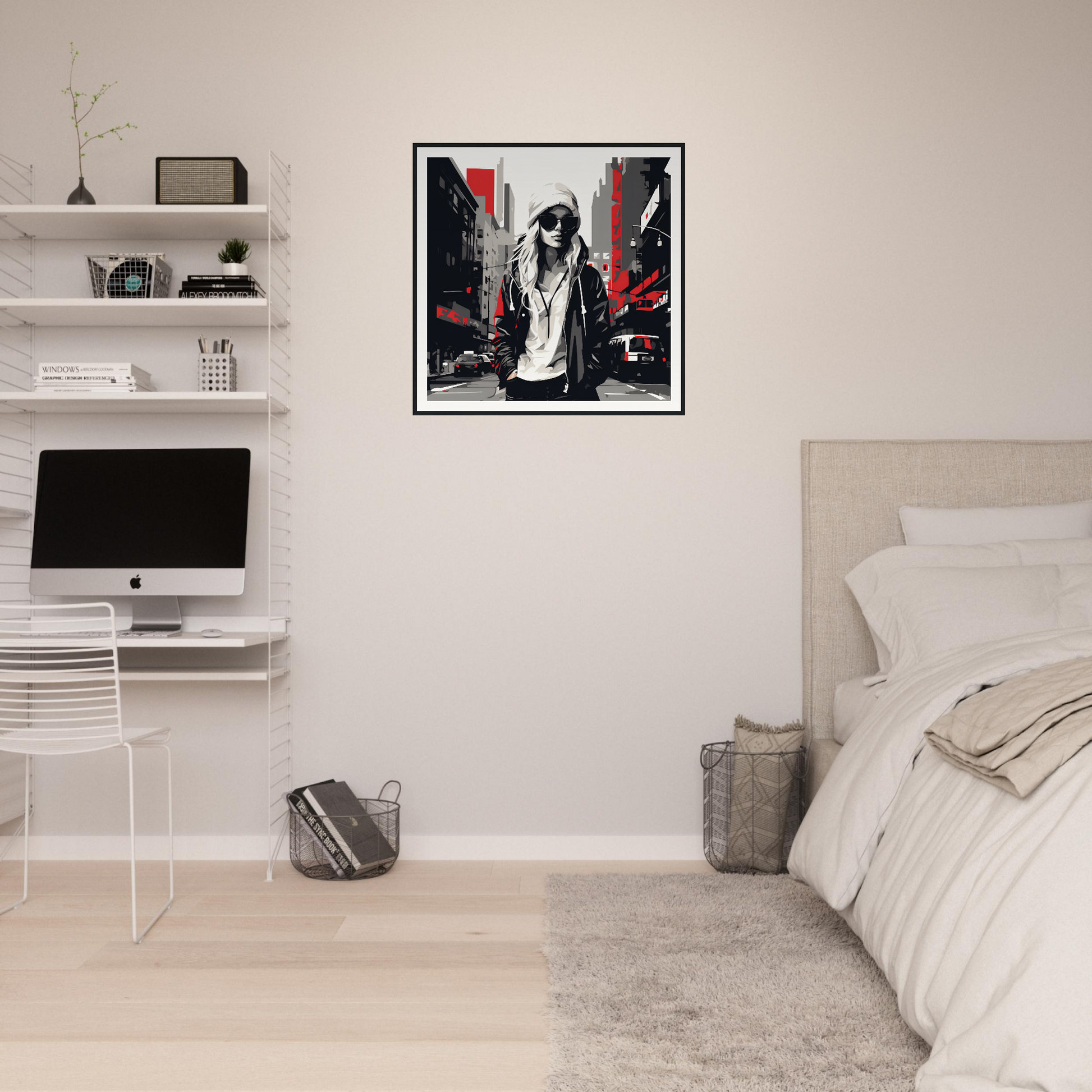 Modern bedroom with Urban Spirit Redux furniture and framed posters on floating shelves