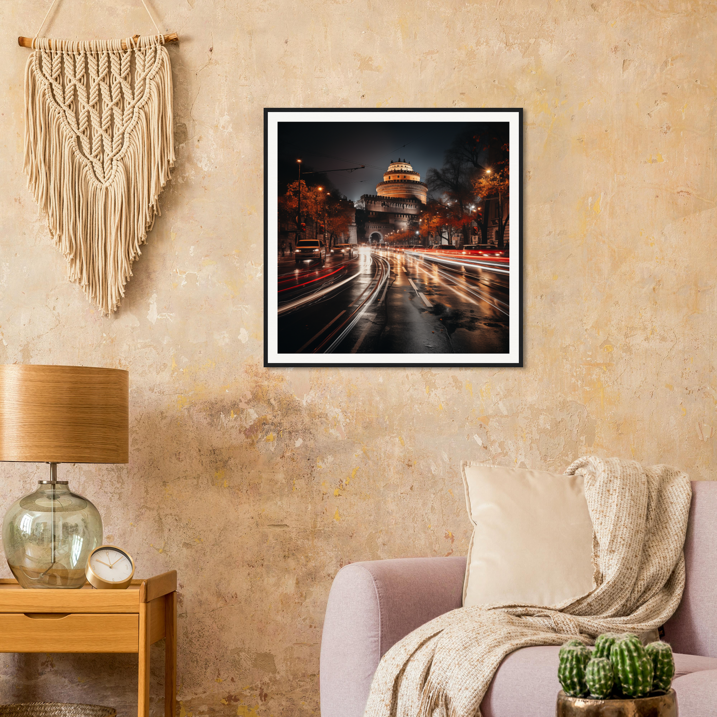 Framed urban night photo of rainy streets with red lights in Urban Time Lapse special edition art™