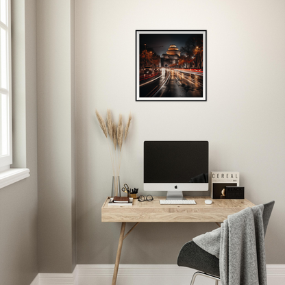 Minimalist wooden desk with iMac and framed Urban Night artwork in Urban Time Lapse