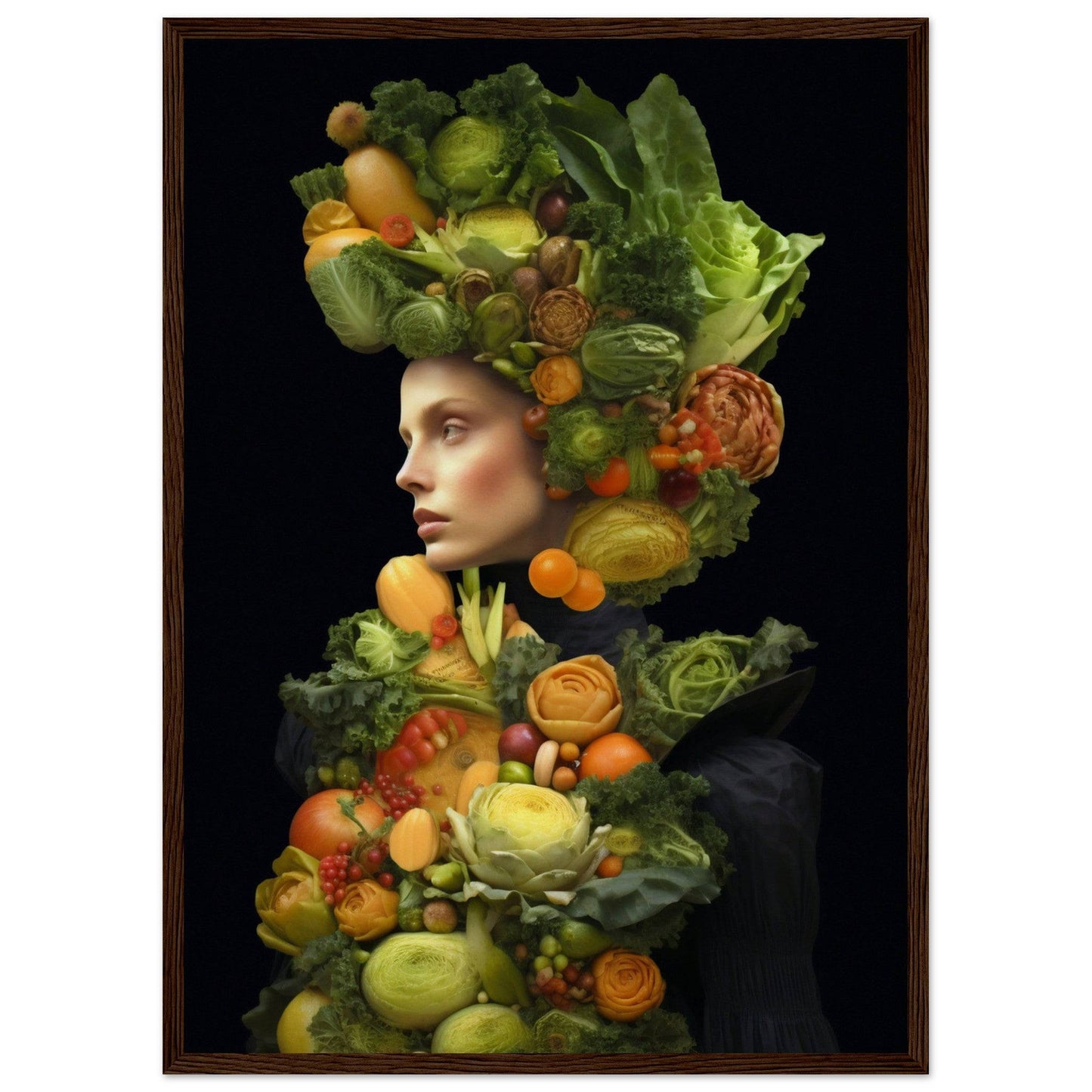 Portrait composed of colorful fruits and vegetables arranged to form a human figure against a dark background.