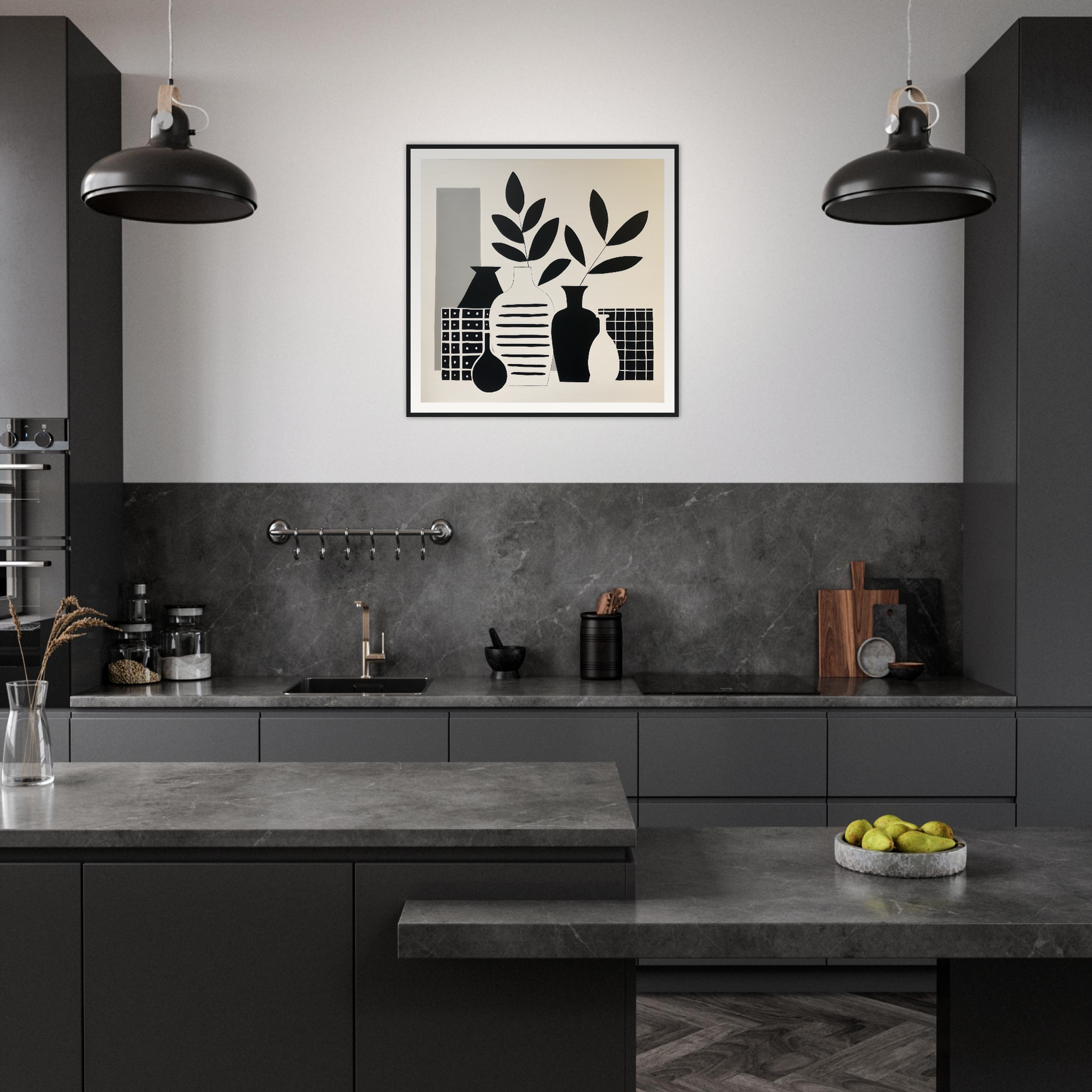 Modern dark kitchen showcasing Vase Symphony Zen and stylish industrial lighting