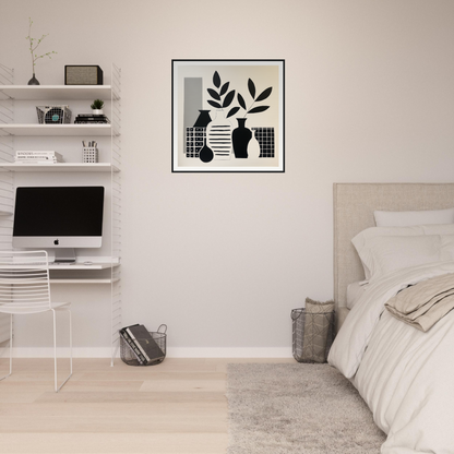 Minimalist black and white geometric art with a vase and leaves from Vase Symphony Zen