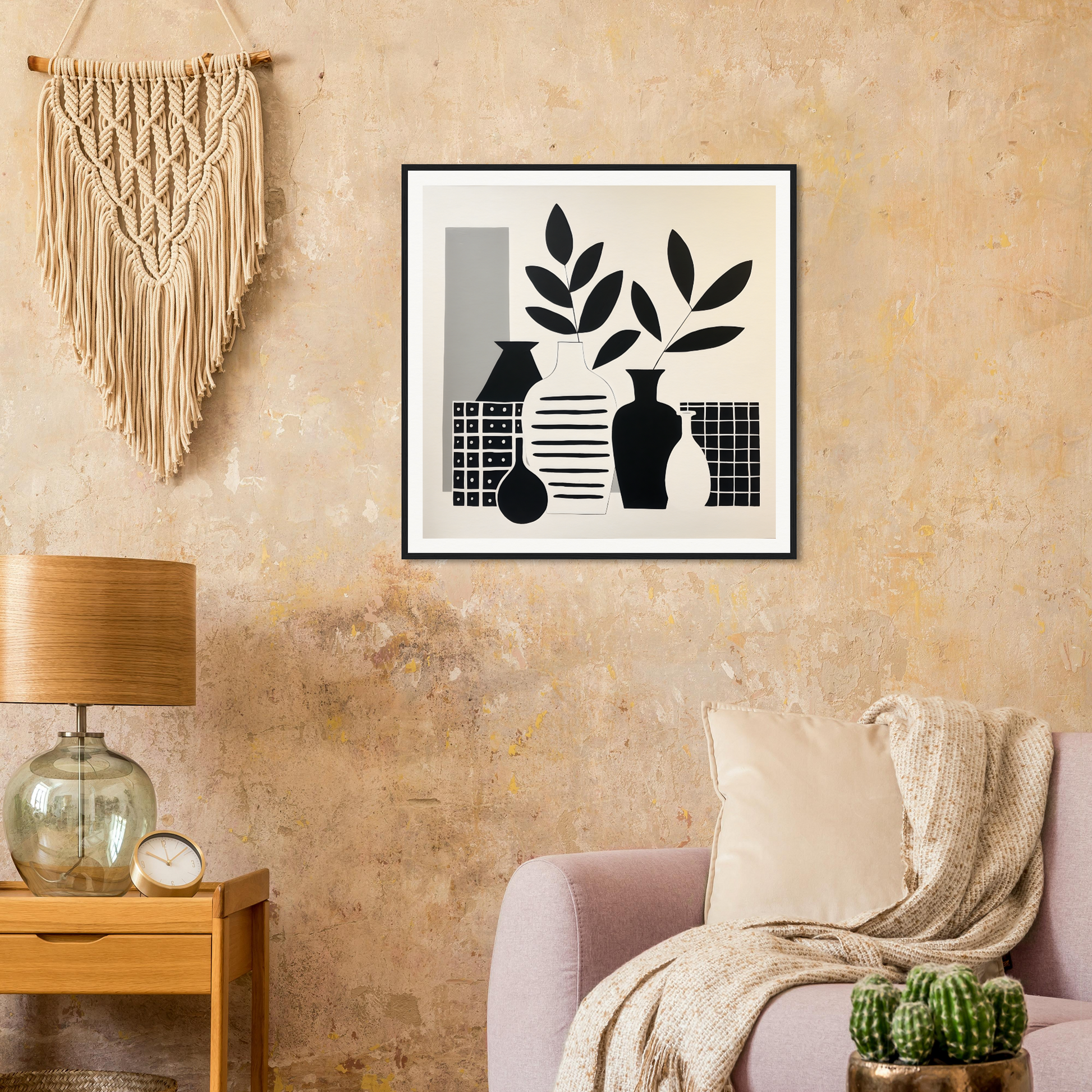 Black and white abstract art print of vases with botanicals from Vase Symphony Zen