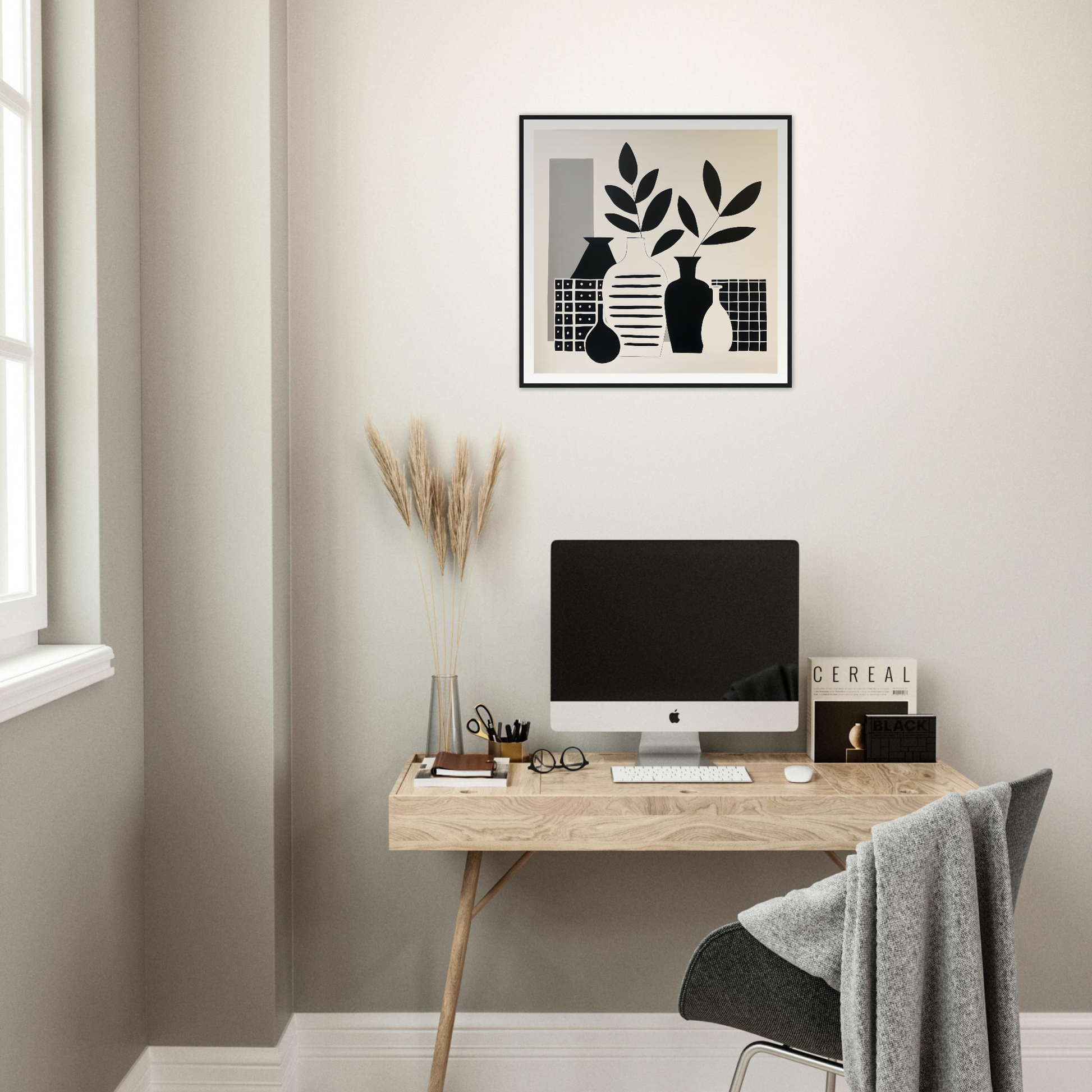 Minimalist wooden desk with iMac and Symphony Zen framed art above for Vase Symphony Zen