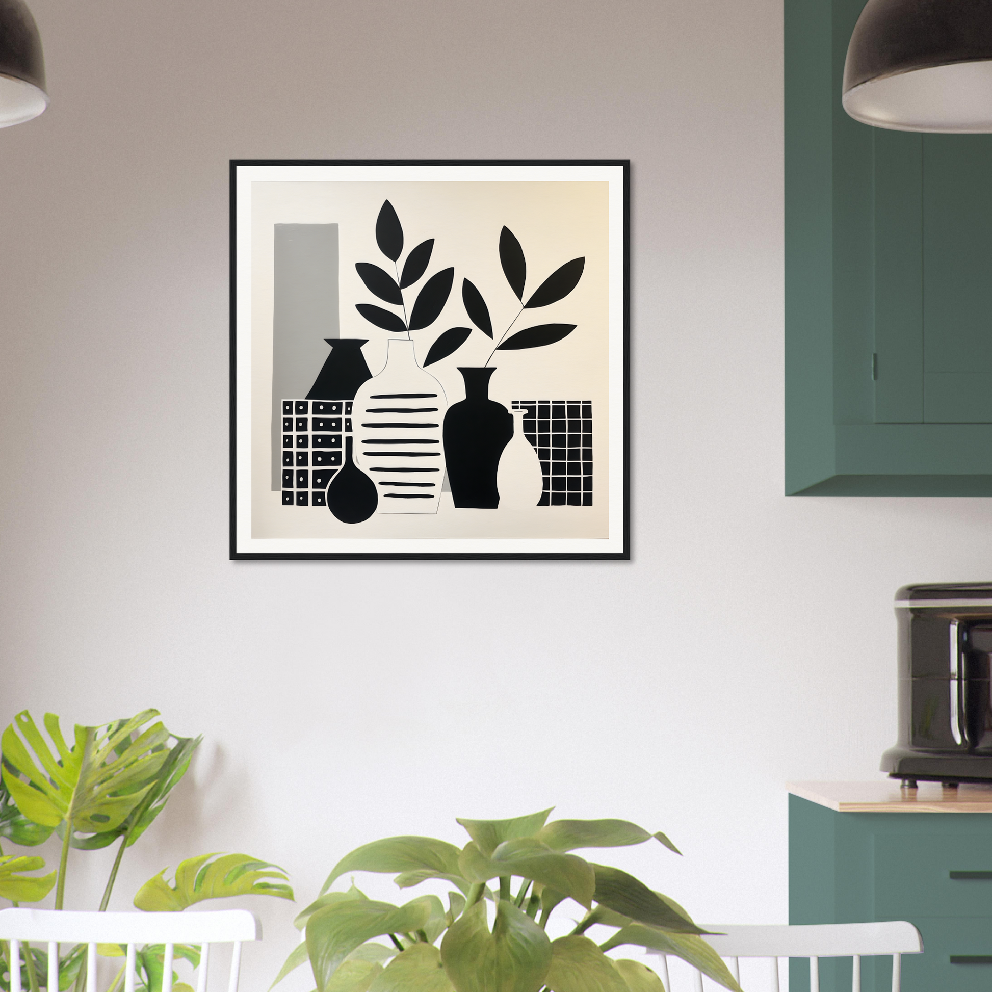 Black and white abstract art print of geometric shapes and plant silhouettes in Vase Symphony Zen