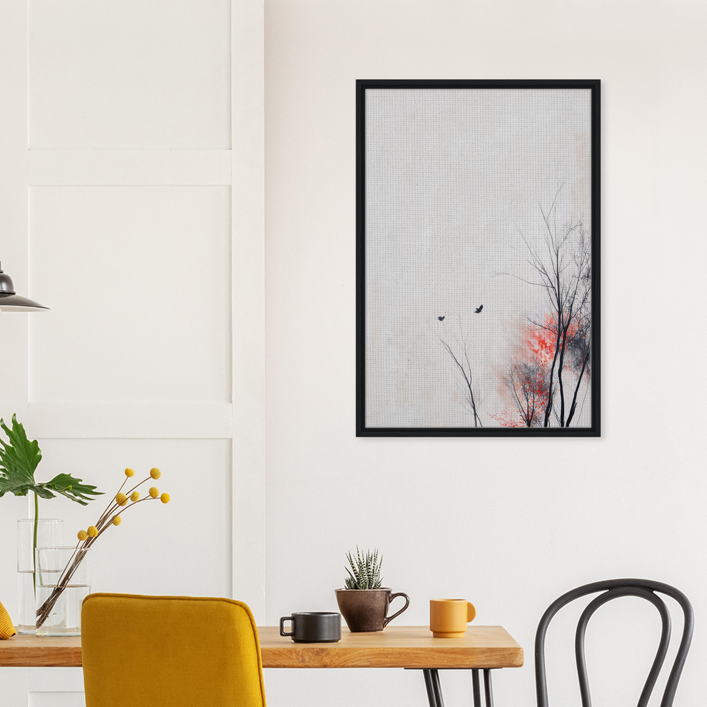 Framed minimalist artwork of tree branches and birds in Veering Whisperscape room decor