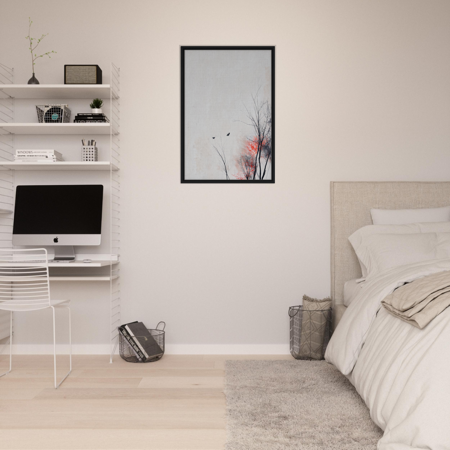 Minimalist bedroom showcasing Veering Whisperscape with white walls and framed artwork