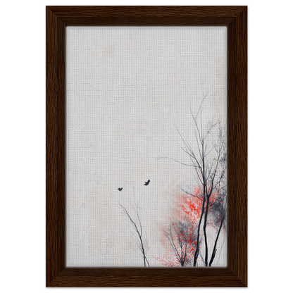 Framed canvas print Veering Whisperscape featuring bare tree branches and birds in flight