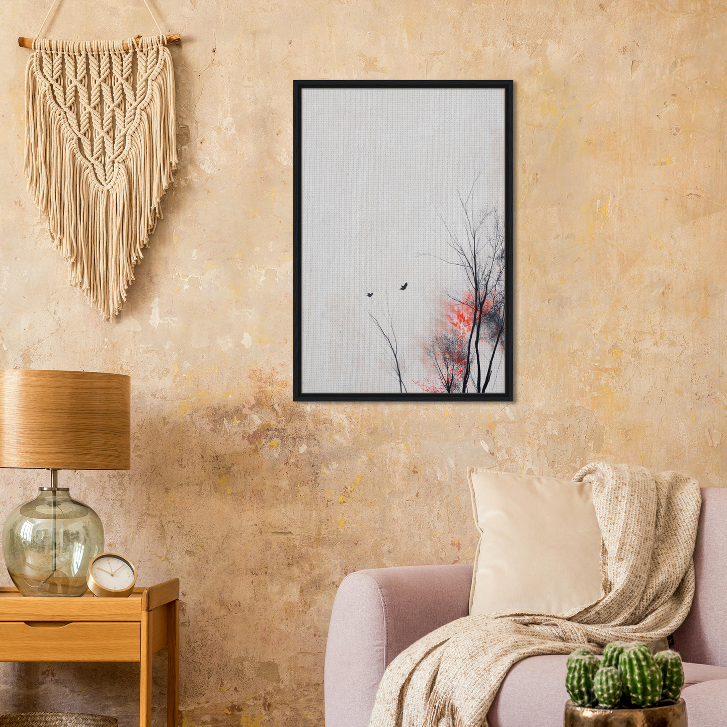 Framed artwork of silhouettes in Veering Whisperscape for elegant room decor