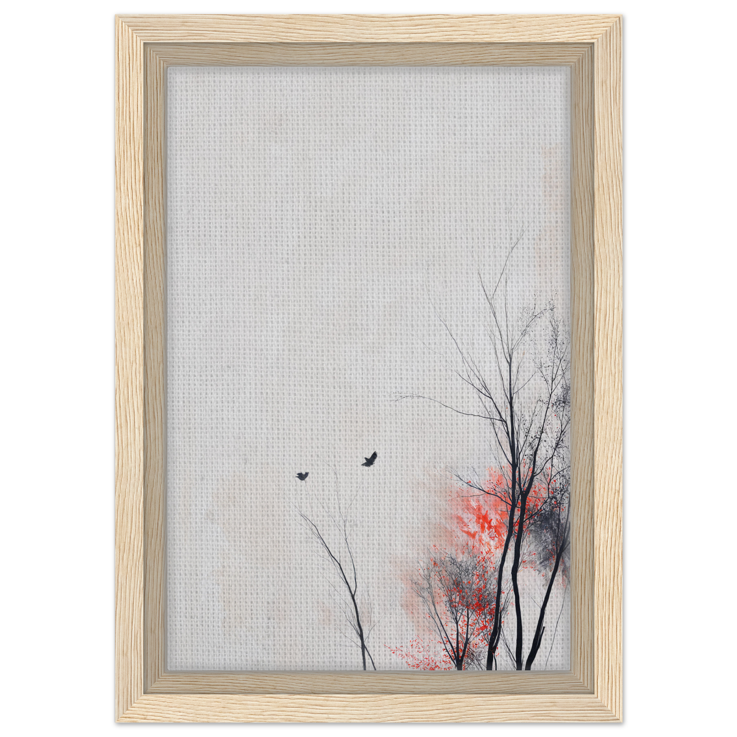 Framed Veering Whisperscape artwork of bare trees and birds enhancing room decor