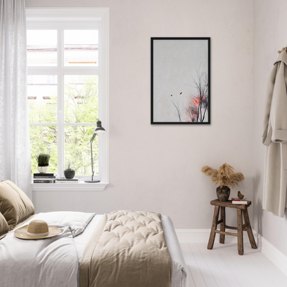 Bright, airy bedroom with minimalist decor featuring Veering Whisperscape framed canvas