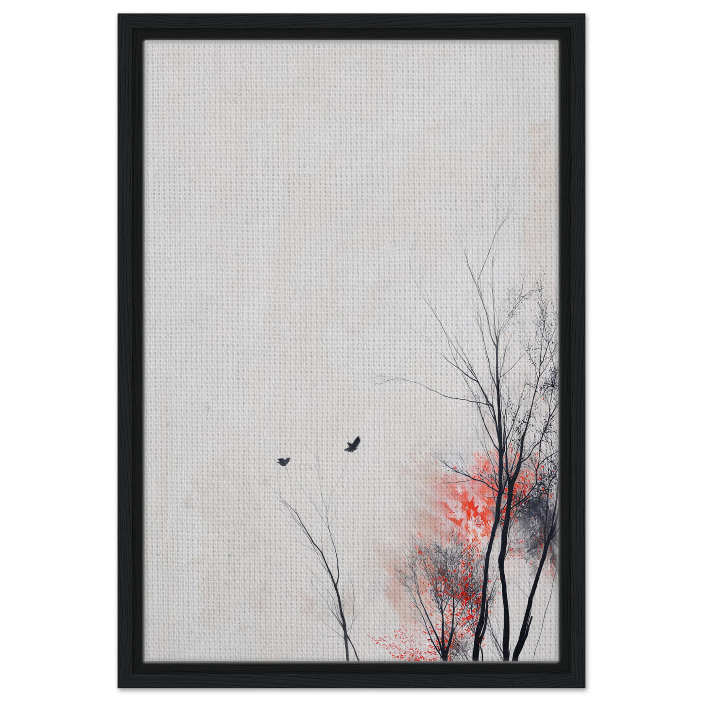 Framed canvas print of bare tree branches and birds in Veering Whisperscape design