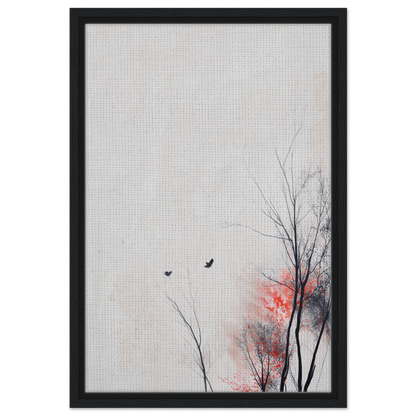 Framed canvas print of bare tree branches and birds in Veering Whisperscape design