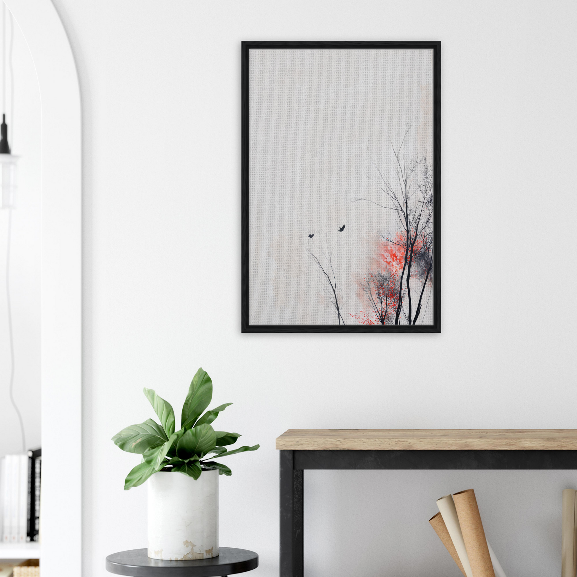 Framed minimalist artwork of tree branches and birds, ideal for Veering Whisperscape room decor