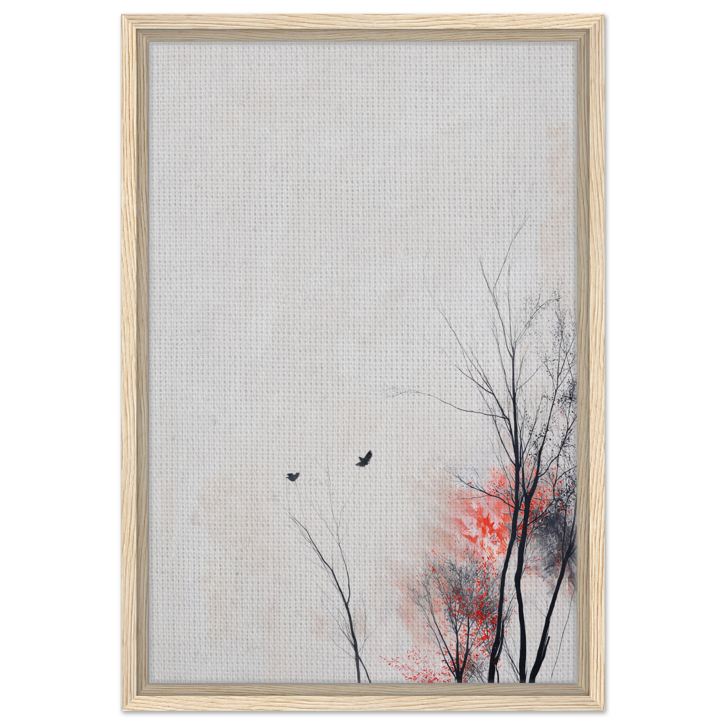 Framed artwork of minimalist landscape with bare trees and birds in Veering Whisperscape