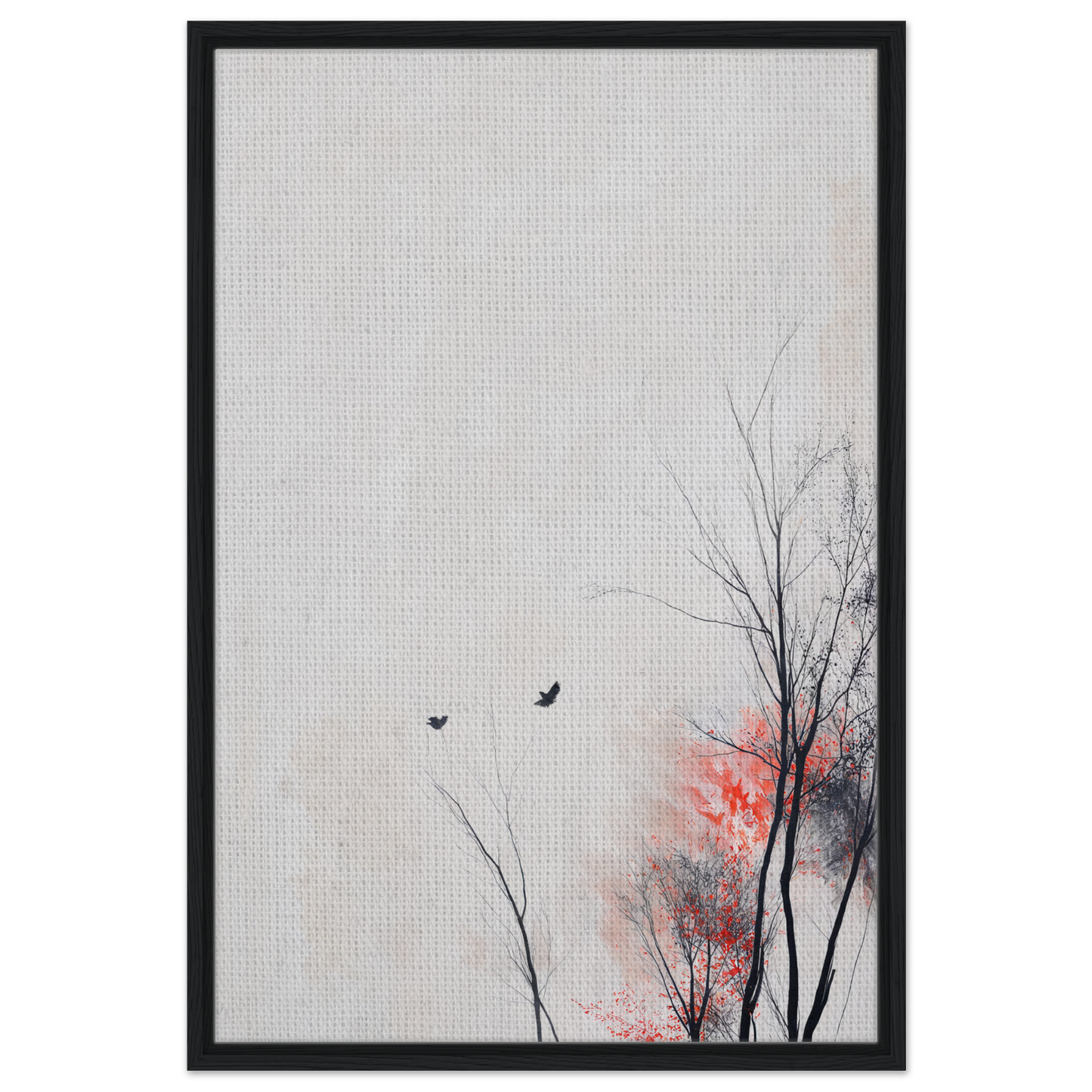 Framed artwork of bare tree branches and birds, ideal for Whisperscape room decor