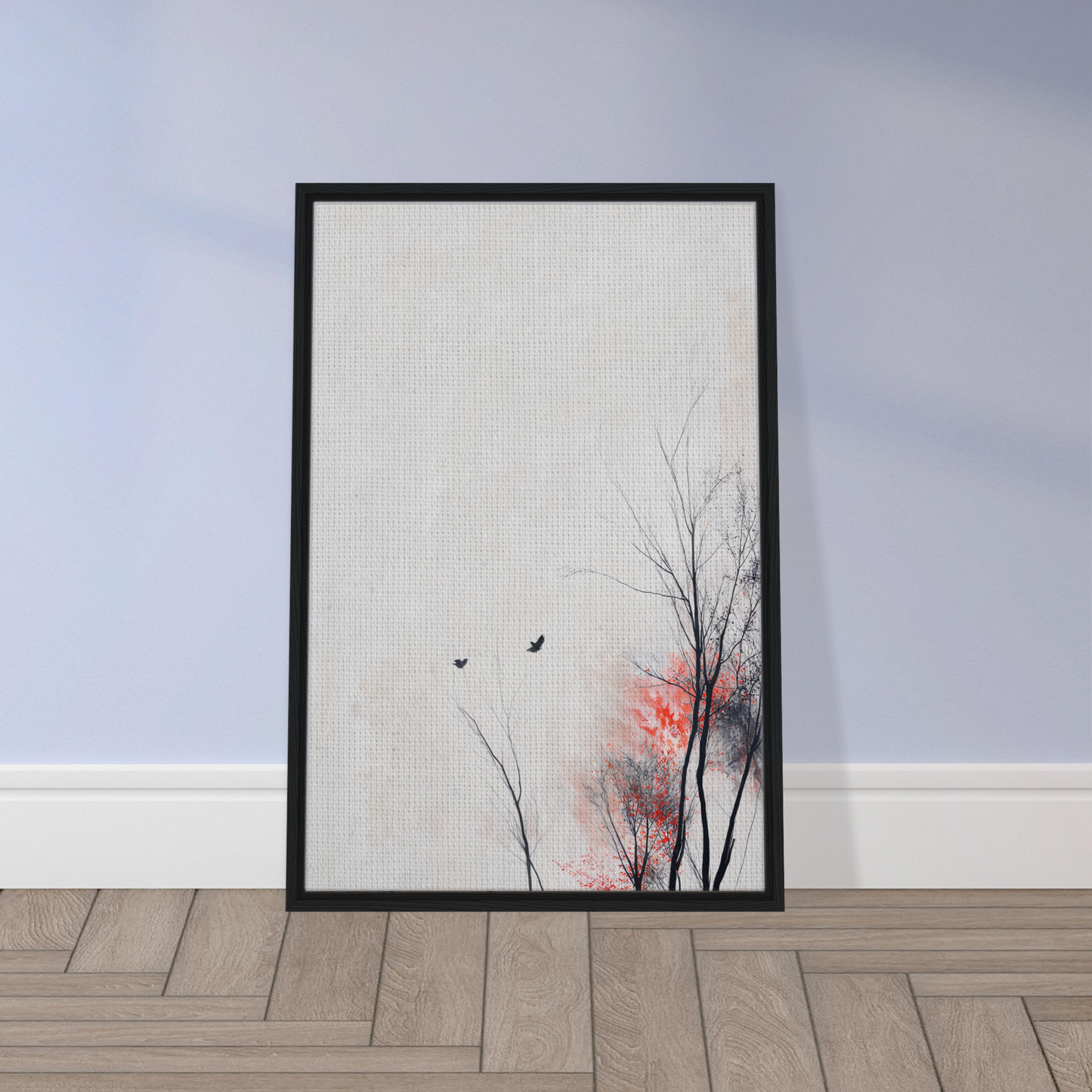 Framed minimalist artwork featuring branches and birds in Veering Whisperscape design