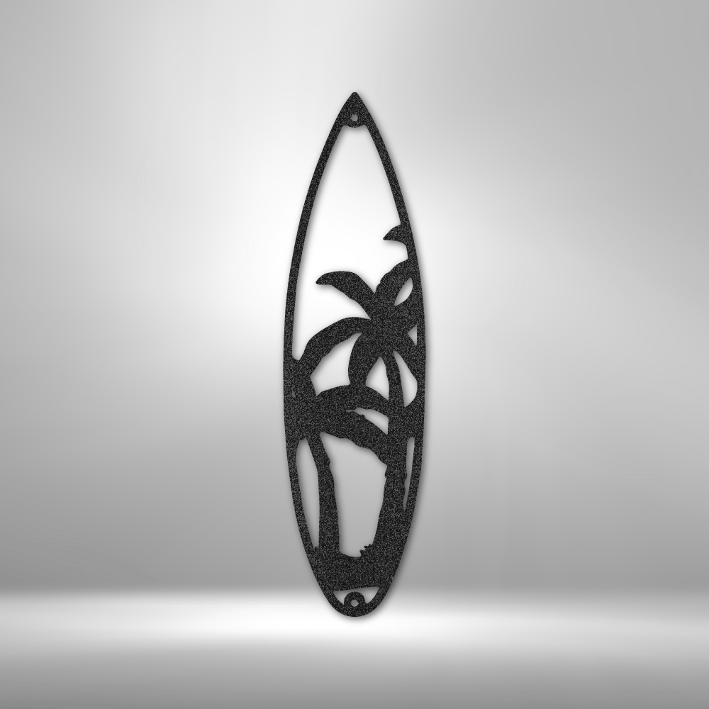 Surfboard-shaped silhouette with palm tree design cut out.