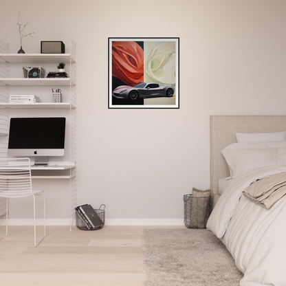 Minimalist bedroom with Velocity’s Silent Duet, iMac workstation, and modern wall art