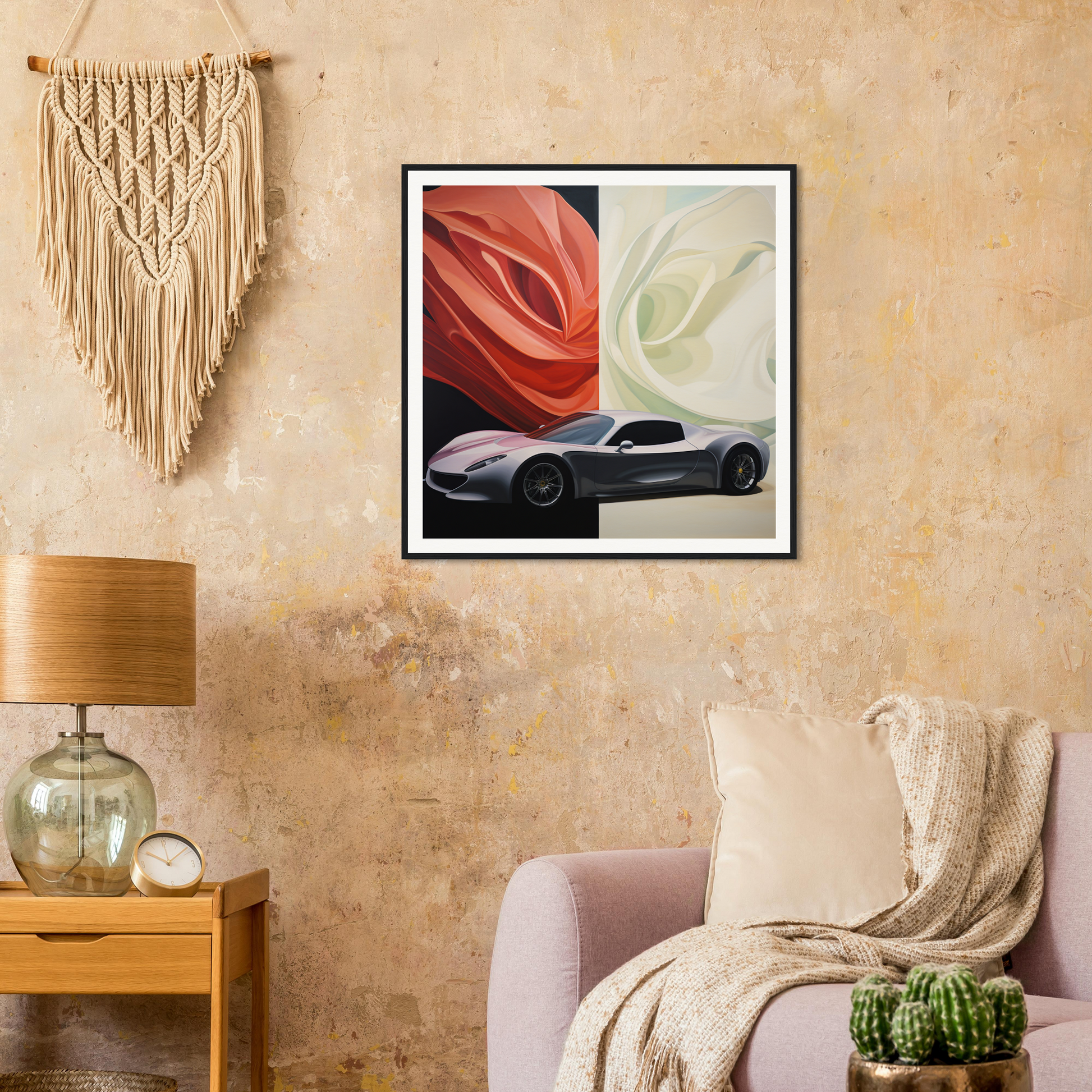 Framed artwork of a sleek sports car with red and white roses in Velocity’s Silent Duet