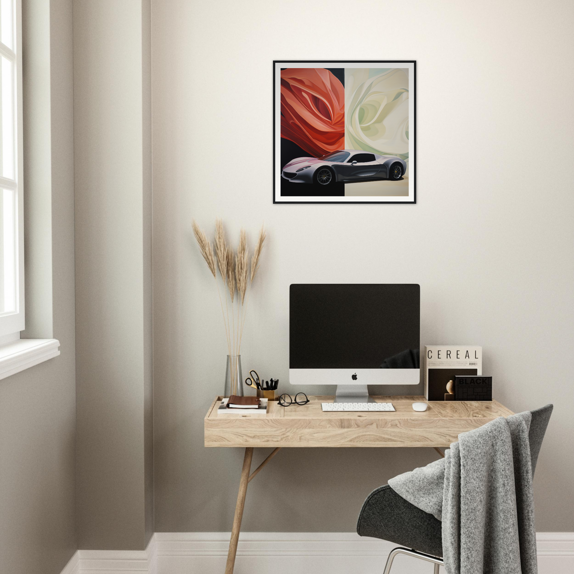 Minimalist wooden desk with iMac and Velocity’s Silent Duet special edition art™ above