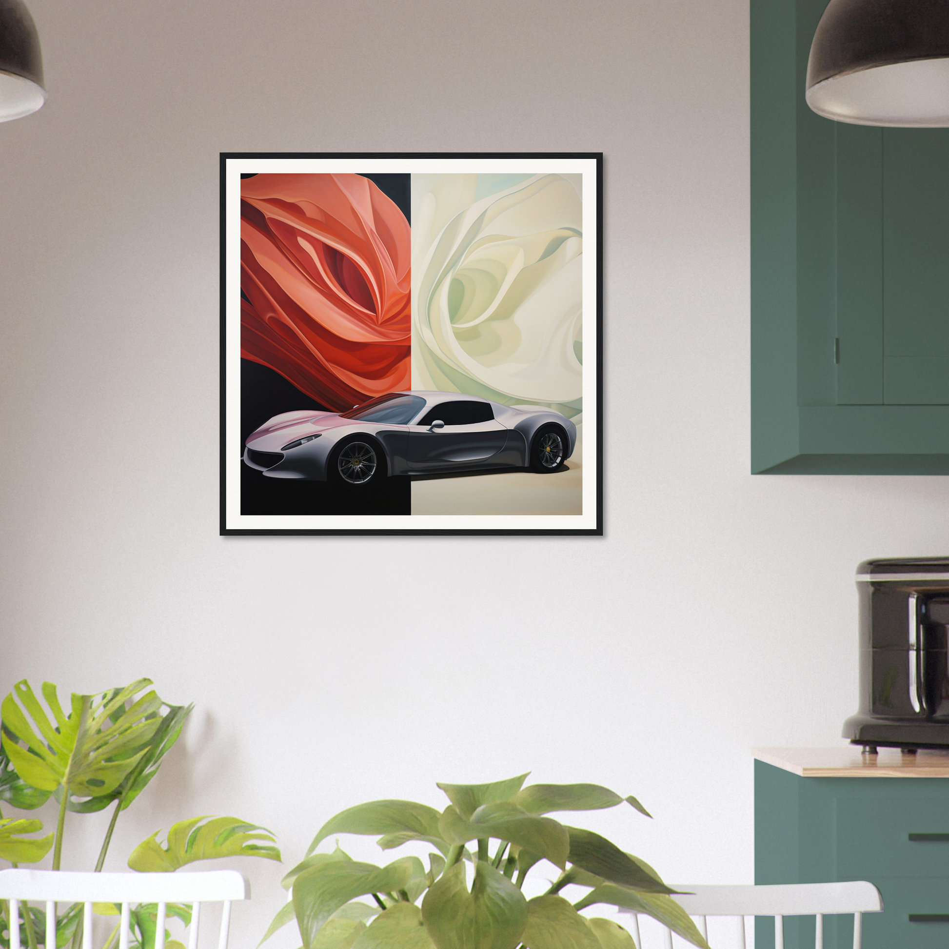 Framed artwork of a sleek sports car and abstract roses in Velocity’s Silent Duet