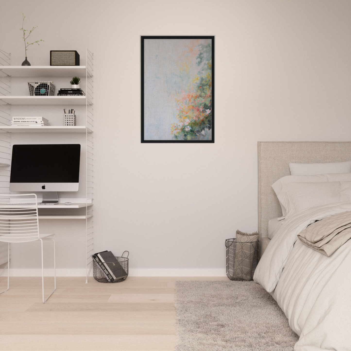 Minimalist bedroom featuring Verdant Psyche Whispers framed canvas print on floating shelves