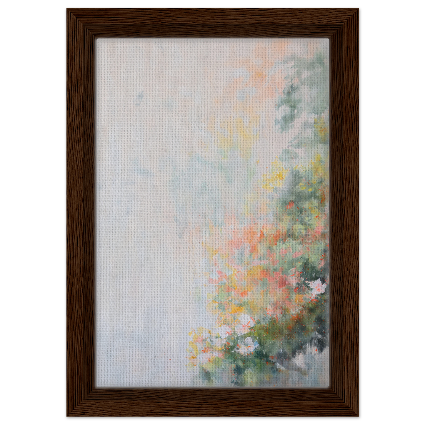 Framed abstract painting with soft pastels and floral elements for Verdant Psyche Whispers room decor